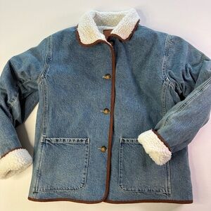 Lucky Brand Chore Coat Womens Small Blue Denim Jean Sherpa Collar Button Up